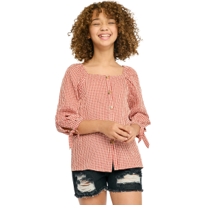 Girls'  Gingham Tie Sleeve Buttoned Blouse