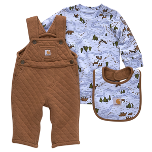 Infant Boys Wildlife Terrain Bodysuit, Quilted Fleece Overall and Food Bib Set