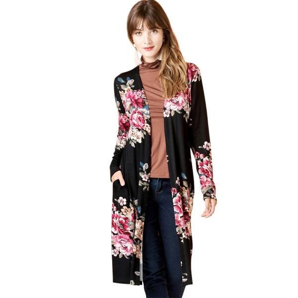 Long Floral Open Front Cardigan