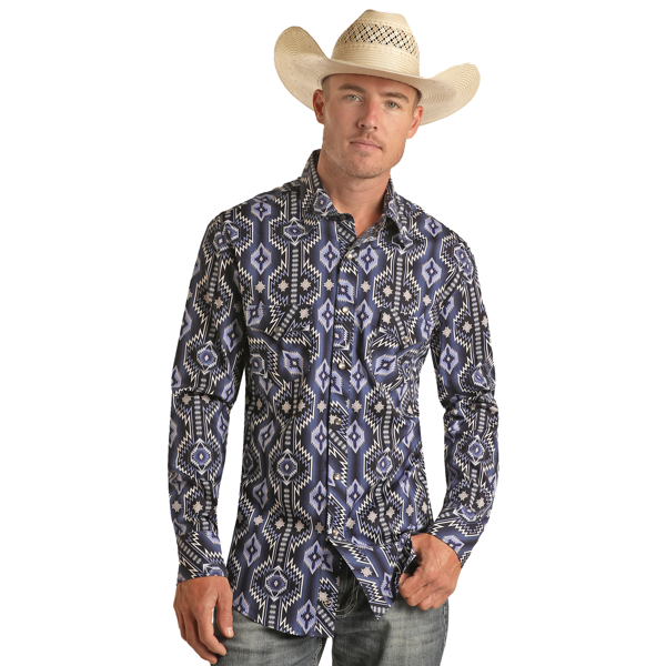 Two Pocket Blue Aztec Print Long Sleeve Snap Shirt