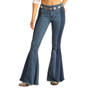 Women's  High Rise Two Tone Button Bell Jean