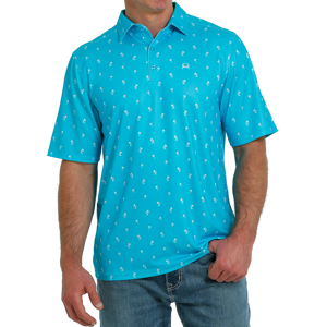 Men's  ArenaFlex Blue Palm Tree Short Sleeve Polo Shirt