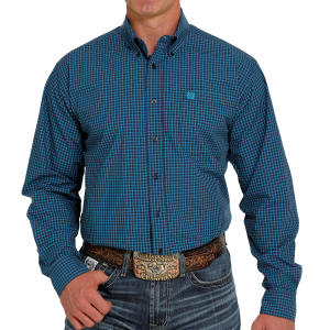Men's  Blue Small Plaid Classic Fit Western Shirt