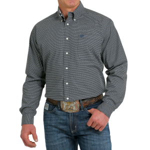 Men's  Blue/Black Quatrefoil Print Long Sleeve Button Down Shirt