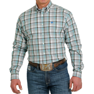 Men's  Light Blue/Brown Plaid Long Sleeve Button Down Shirt
