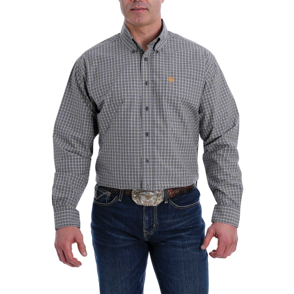 Gray/White/Gold Plaid Long Sleeve Button Down Shirt