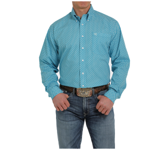 Men's  Light Blue/White Print Button-Down Western Shirt