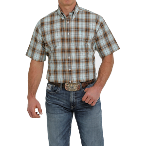 Men's  Brown/Light Blue Plaid Button-Down Short Sleeve Western Shirt