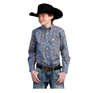 Boys'  White/Blue Paisley Button-Down Western Shirt
