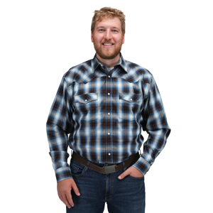 Men's  Brown/Blue Plaid Long Sleeve 2 Pocket Snap Shirt