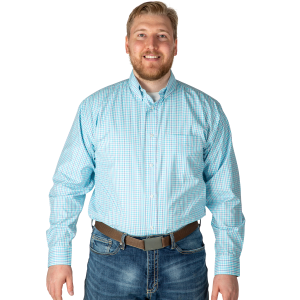 Men's  Light Blue Long Sleeve 2 Pocket Snap Small Plaid Shirt