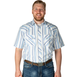 Men's  Blue Stripe Short Sleeve 2 Pocket Snap Shirt