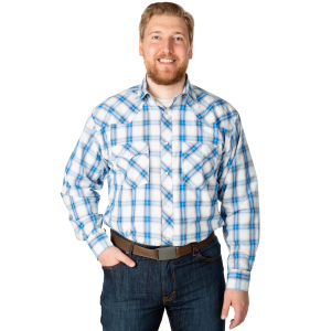 Men's  Blue/White Long Sleeve 2 Pocket Snap Plaid Shirt