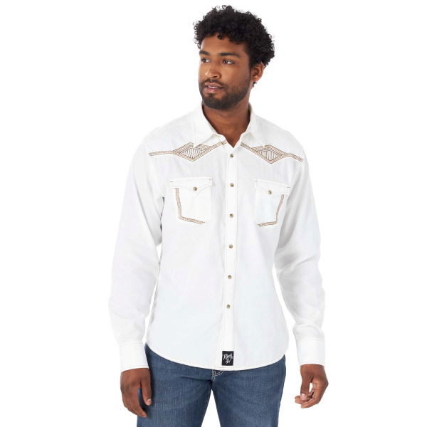 Rock 47 Long Sleeve Embroidered Yoke Solid Western Snap Shirt - White Stitched
