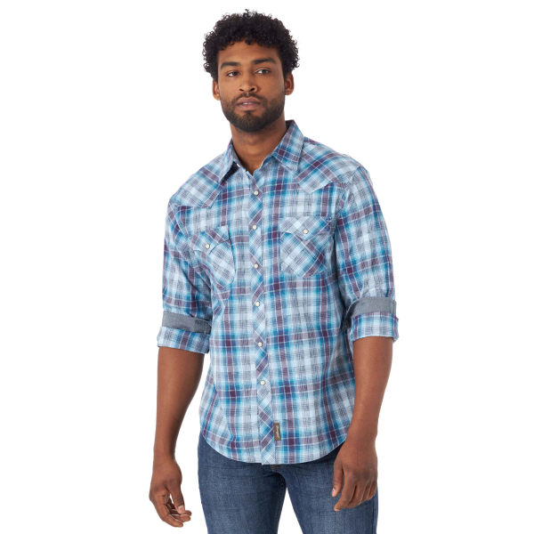 Retro Premium Blue Plaid Long Sleeve Snap Shirt