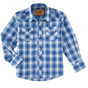 Boys'  Retro Blue Western Front Sawtooth Pockets Snap Plaid Shirt