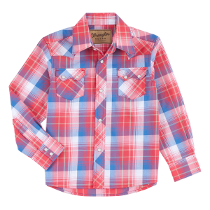 Boys'  Retro Red Western Front Sawtooth Pockets Snap Plaid Shirt